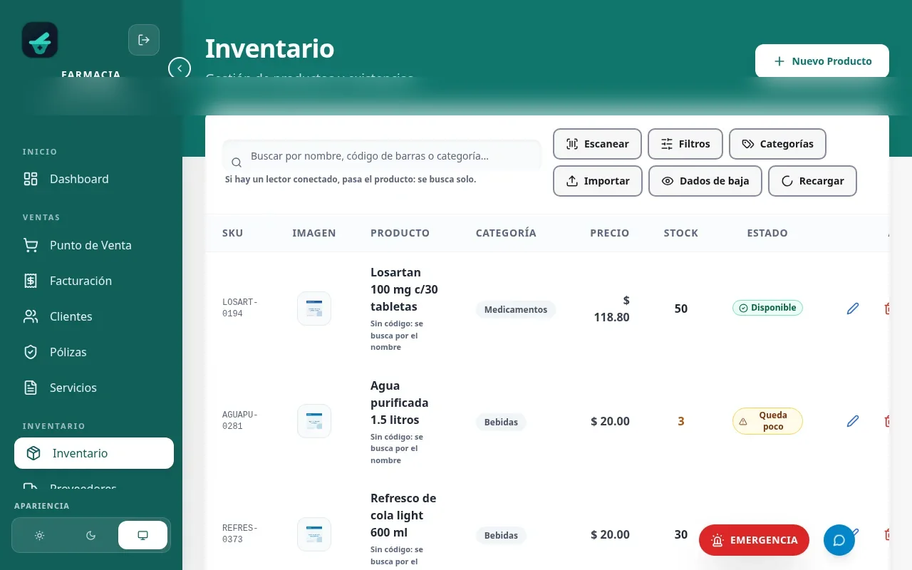 Pantalla de inventario de clinovamex: la lista de productos con su código, categoría, precio y existencias, el buscador por nombre o código de barras y los filtros por categoría.